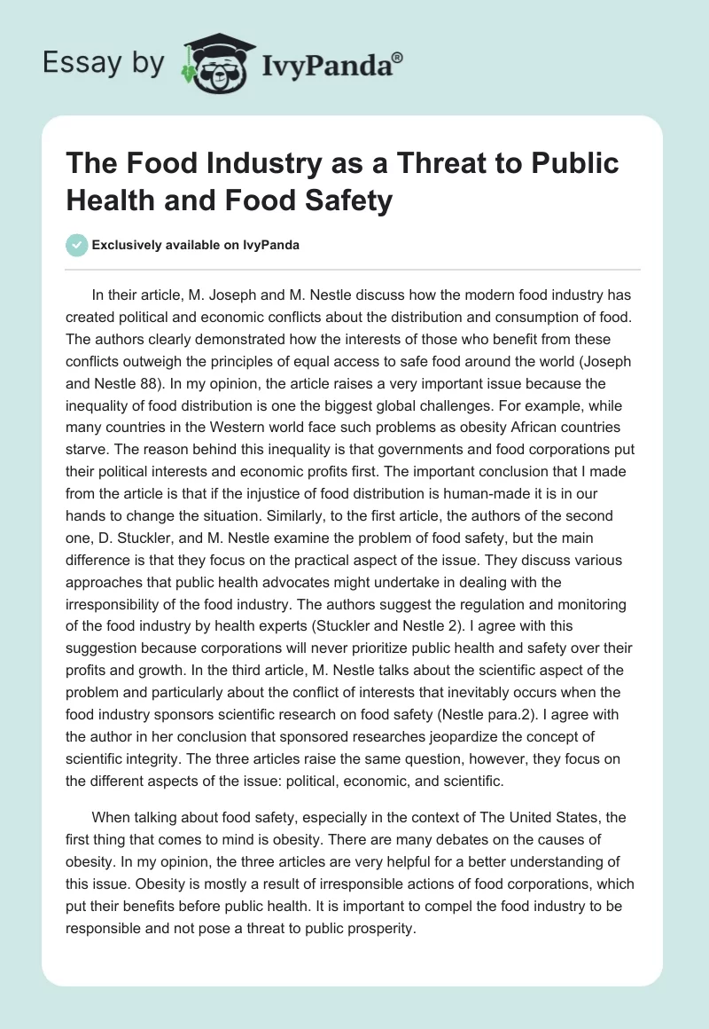 The Food Industry as a Threat to Public Health and Food Safety. Page 1