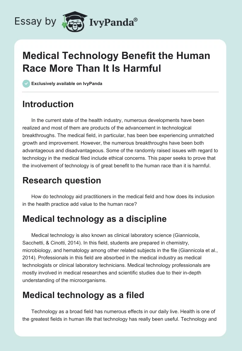 Medical Technology Benefit the Human Race More Than It Is Harmful. Page 1