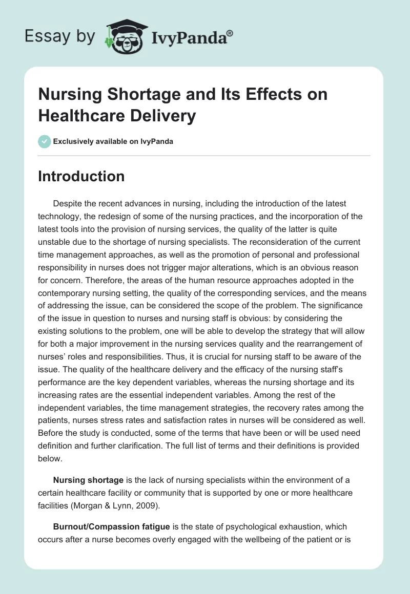 Nursing Shortage and Its Effects on Healthcare Delivery. Page 1