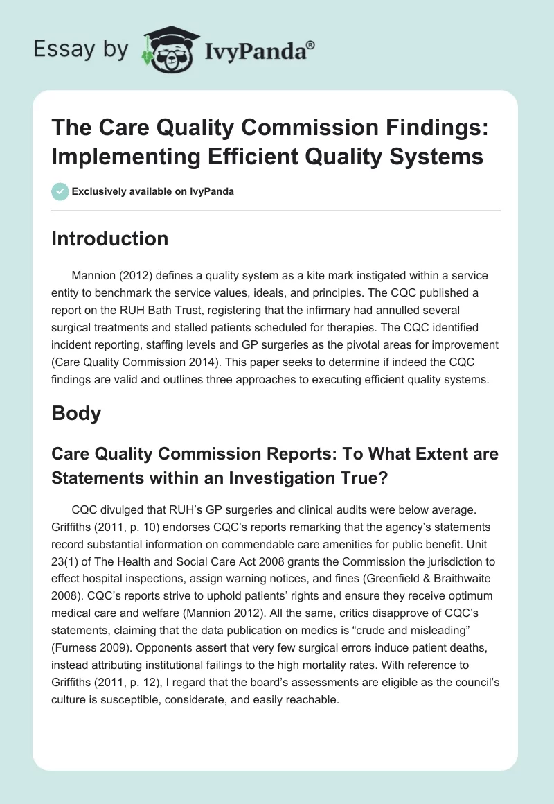 The Care Quality Commission Findings: Implementing Efficient Quality Systems. Page 1