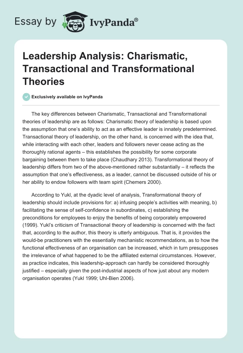 Leadership Analysis: Charismatic, Transactional and Transformational Theories. Page 1