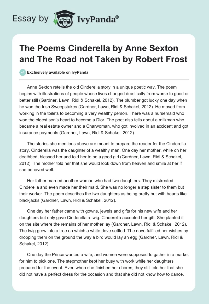 The Poems "Cinderella" by Anne Sexton and "The Road Not Taken" by Robert Frost. Page 1