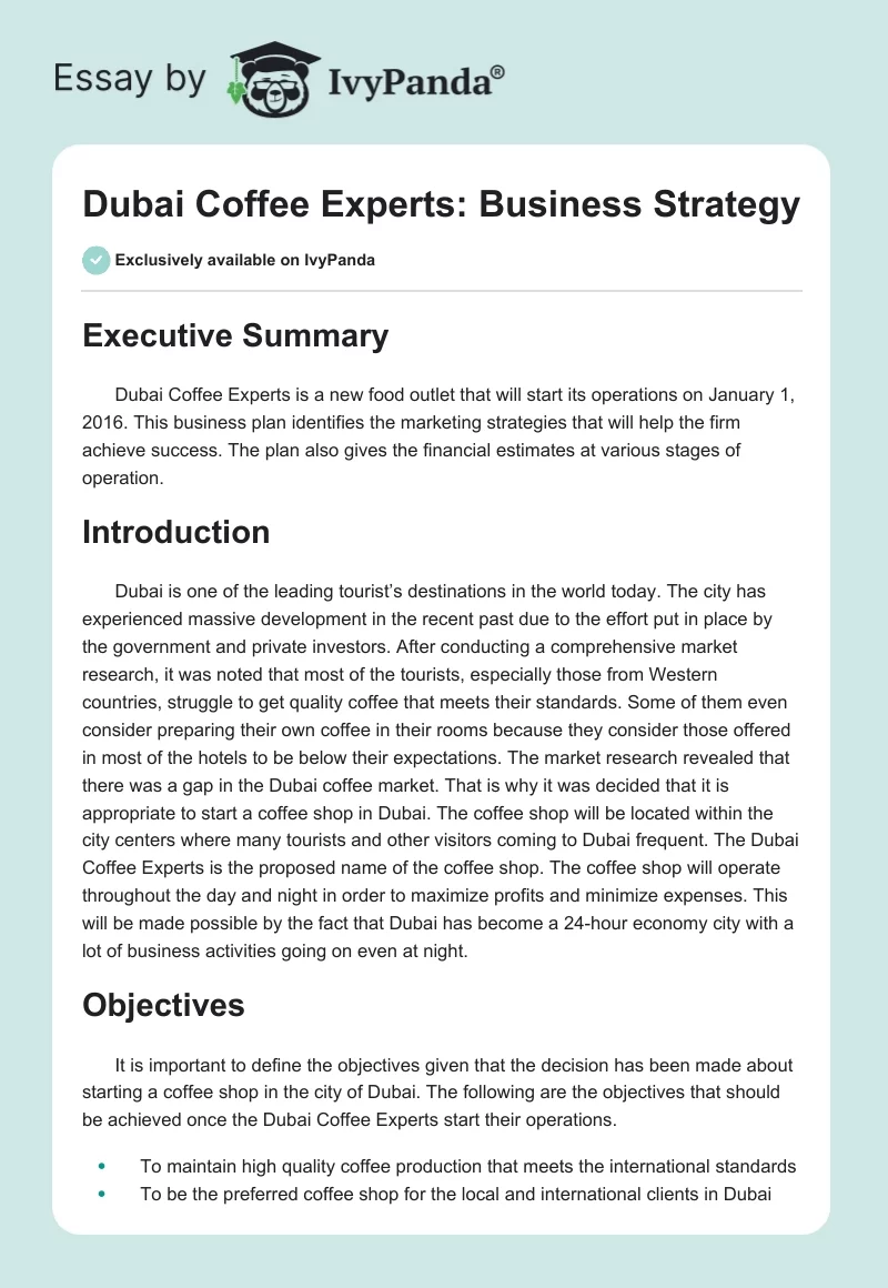 Dubai Coffee Experts: Business Strategy. Page 1