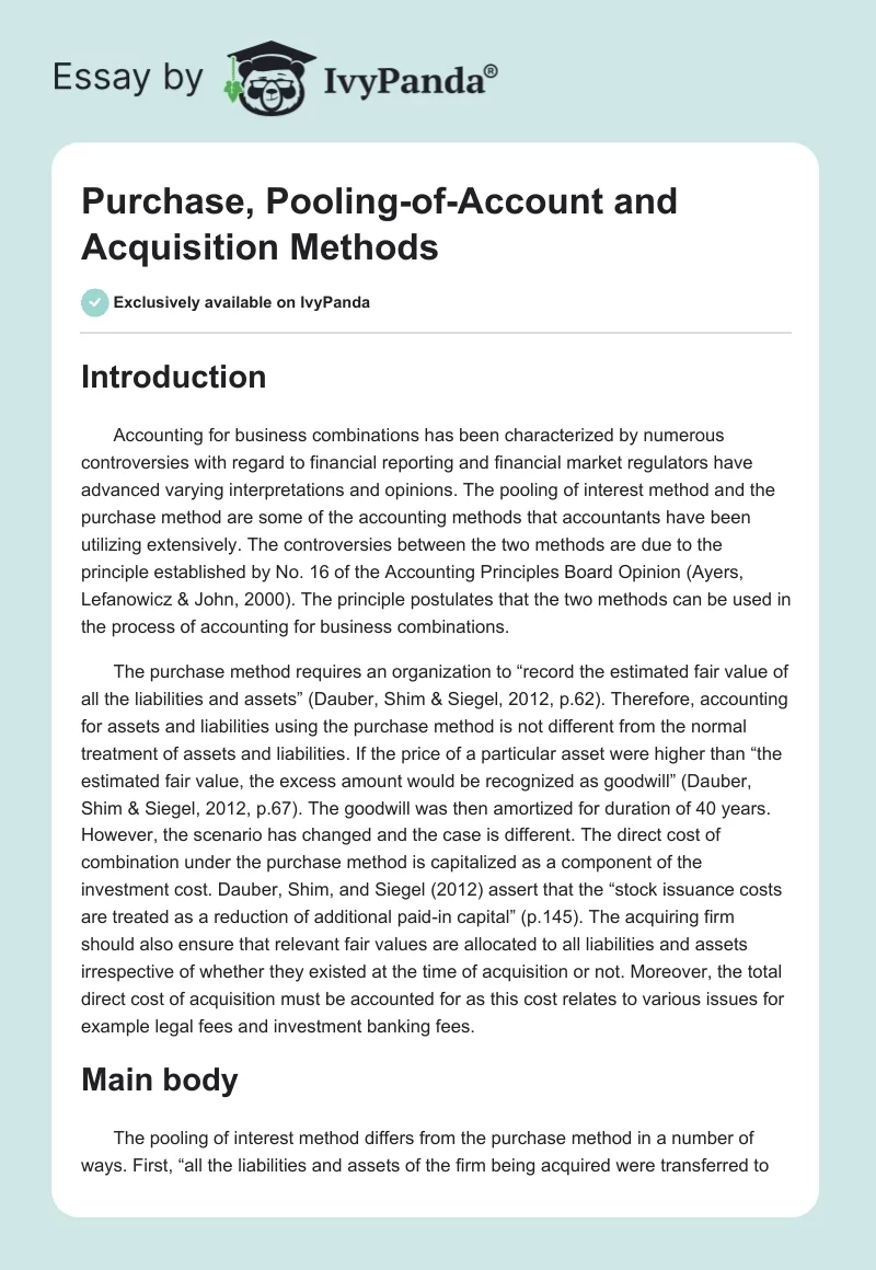 Purchase, Pooling-of-Account and Acquisition Methods. Page 1