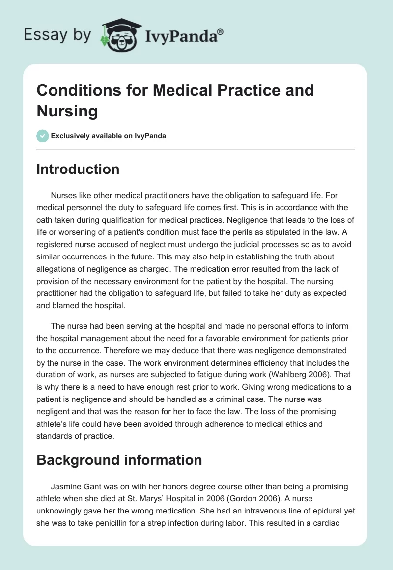 Conditions for Medical Practice and Nursing. Page 1