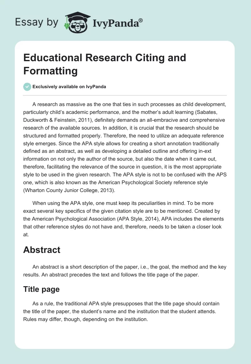 Educational Research Citing and Formatting. Page 1