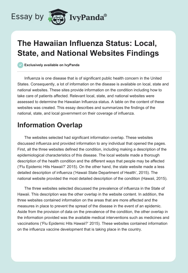 The Hawaiian Influenza Status: Local, State, and National Websites Findings. Page 1