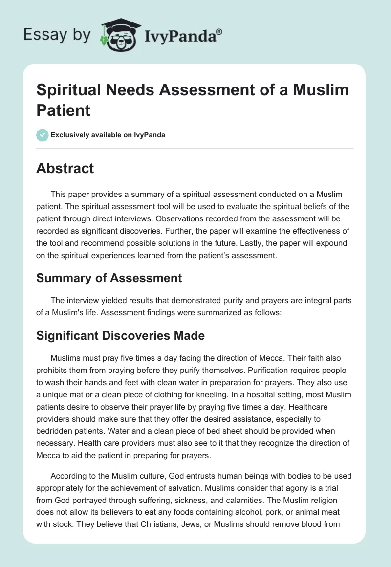 Spiritual Needs Assessment of a Muslim Patient. Page 1