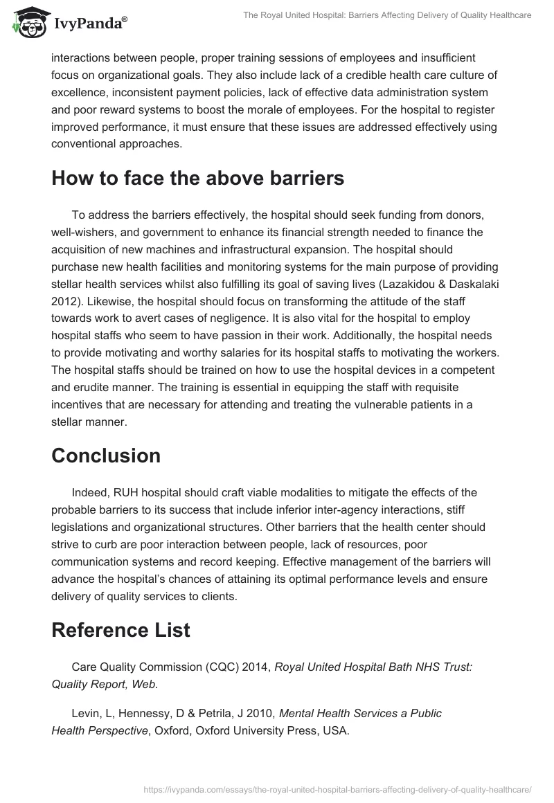 The Royal United Hospital: Barriers Affecting Delivery of Quality Healthcare. Page 3