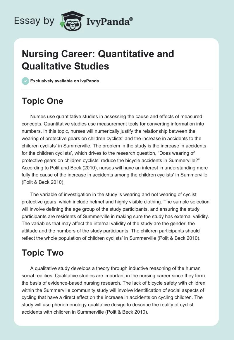 Nursing Career: Quantitative and Qualitative Studies. Page 1
