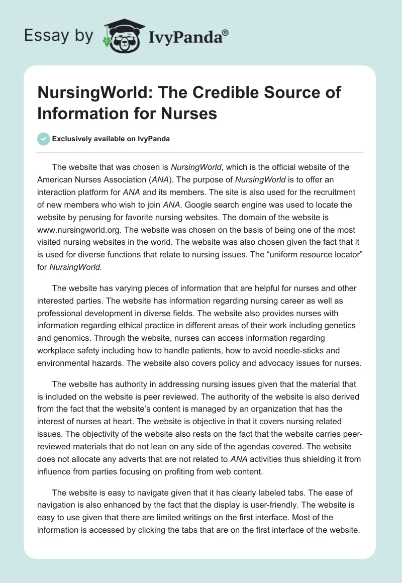 NursingWorld: The Credible Source of Information for Nurses. Page 1