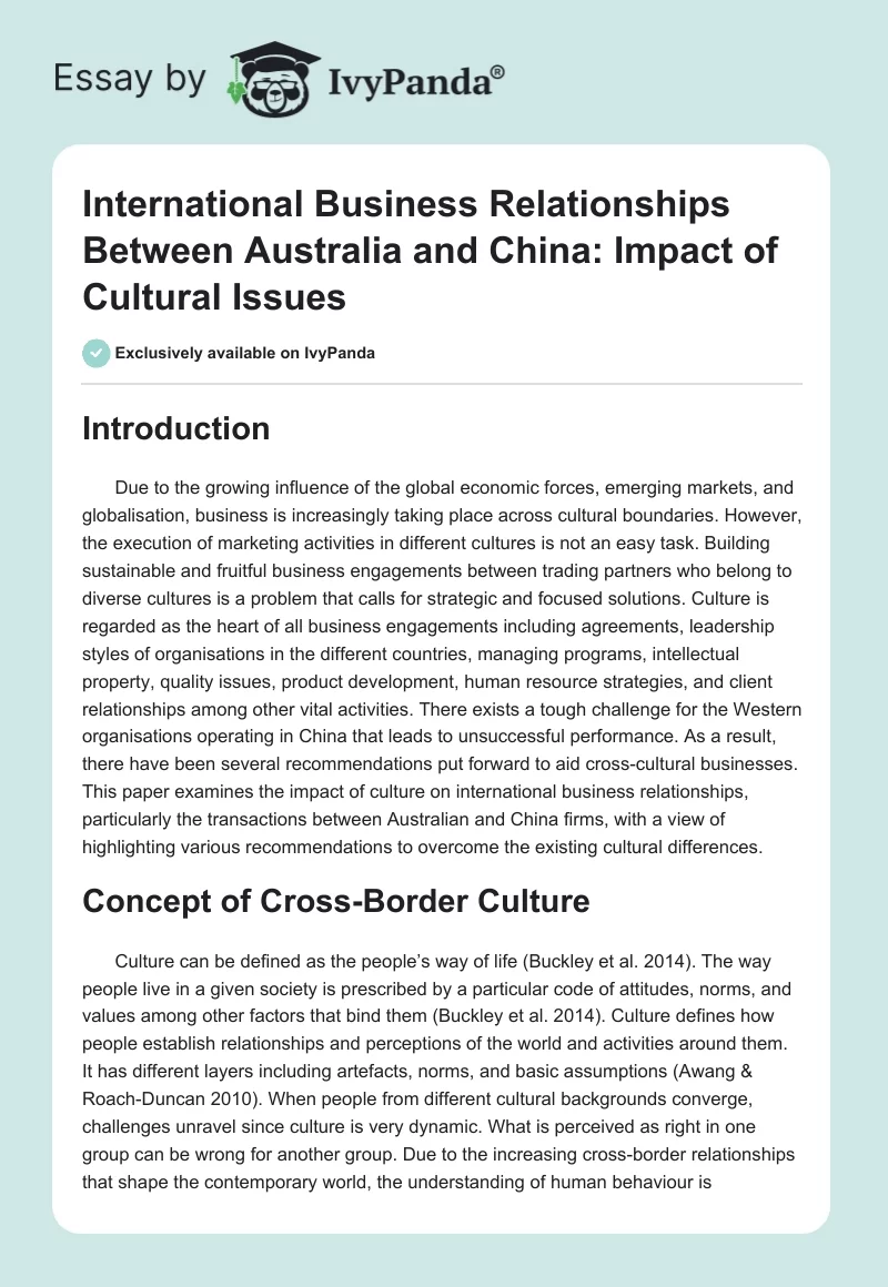 International Business Relationships Between Australia and China: Impact of Cultural Issues. Page 1