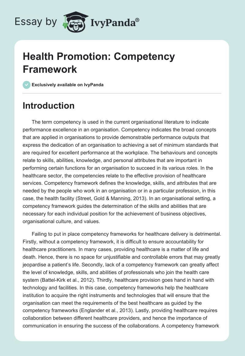 Health Promotion: Competency Framework. Page 1
