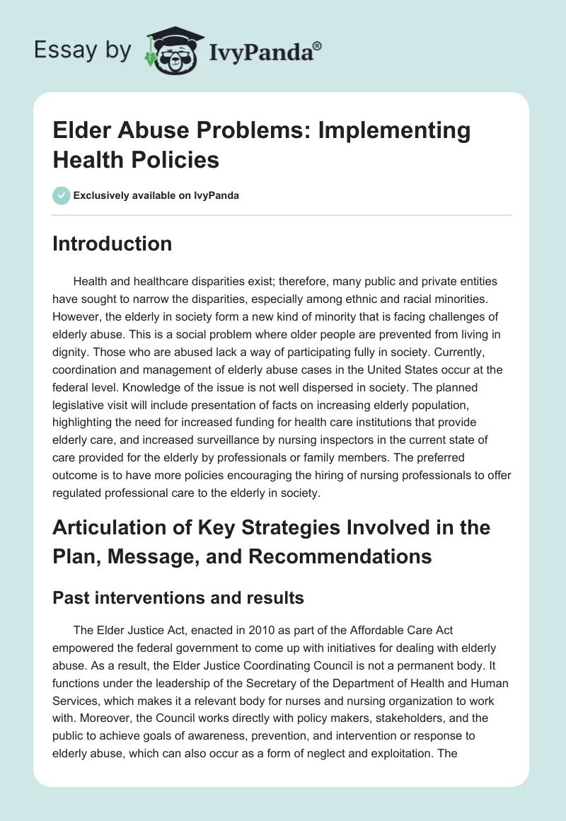 Elder Abuse Problems: Implementing Health Policies. Page 1