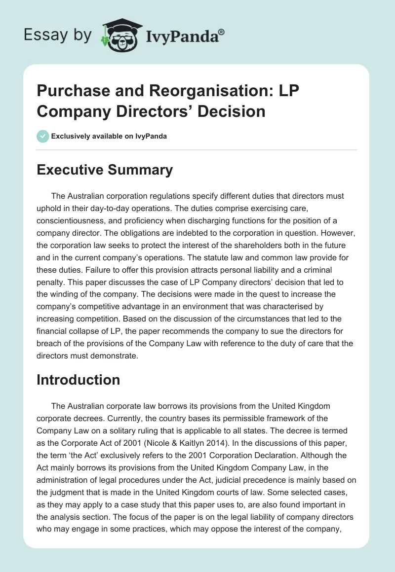 Purchase and Reorganisation: LP Company Directors’ Decision. Page 1