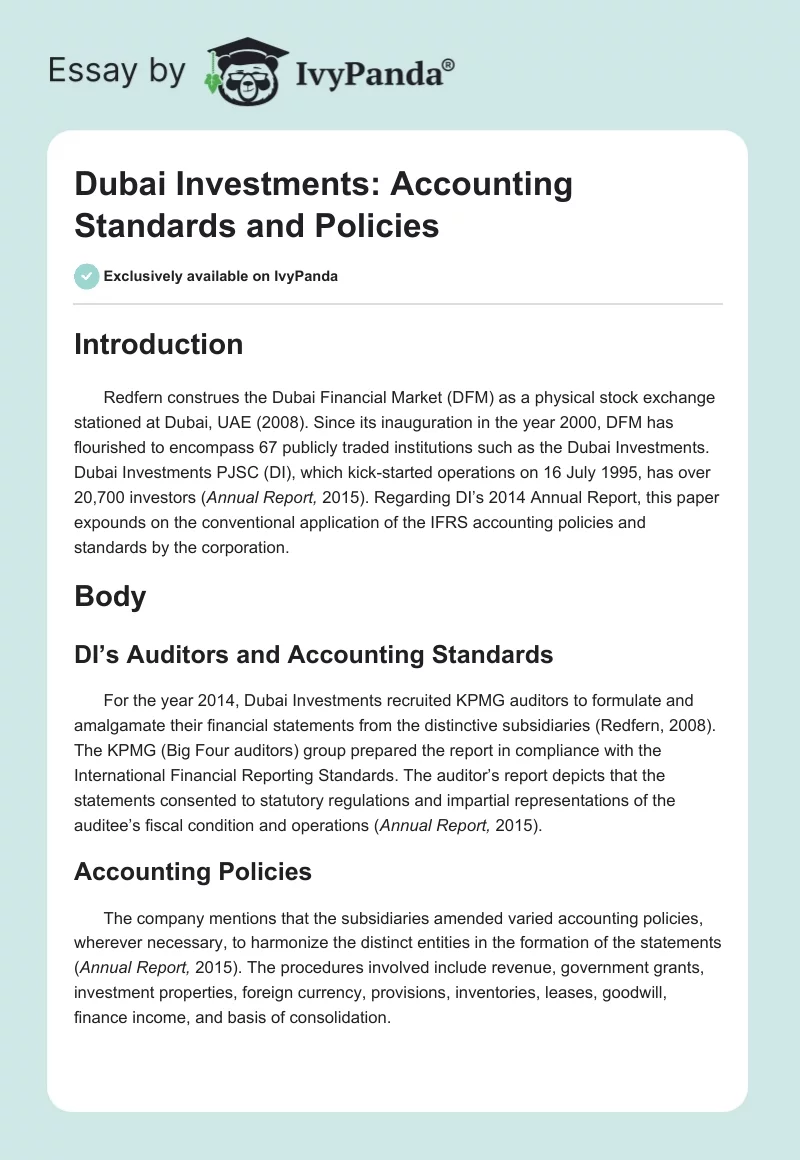 Dubai Investments: Accounting Standards and Policies. Page 1