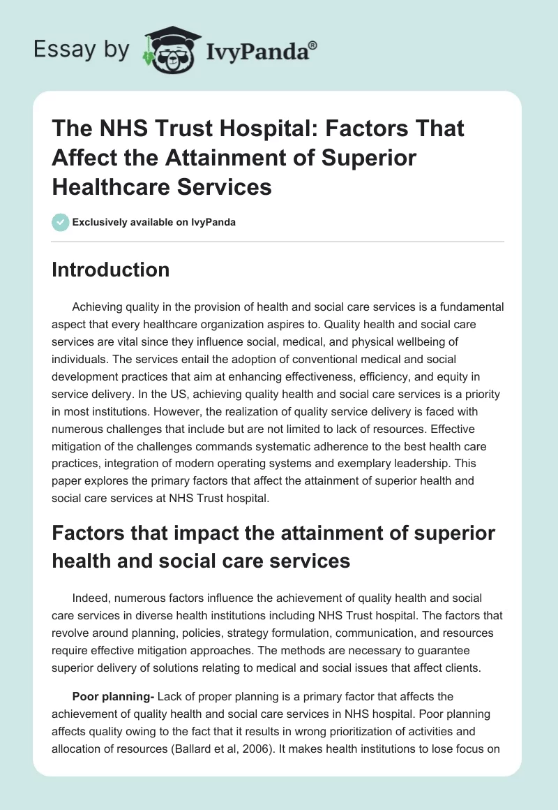 The NHS Trust Hospital: Factors That Affect the Attainment of Superior Healthcare Services. Page 1