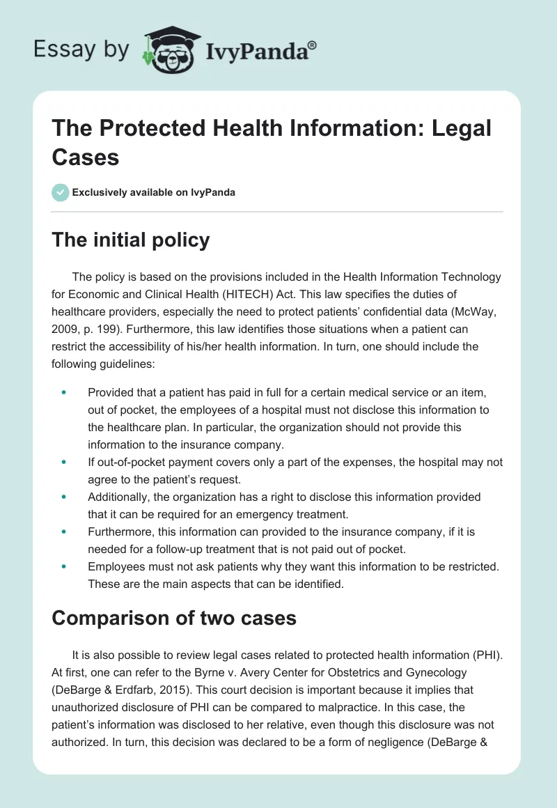The Protected Health Information: Legal Cases. Page 1