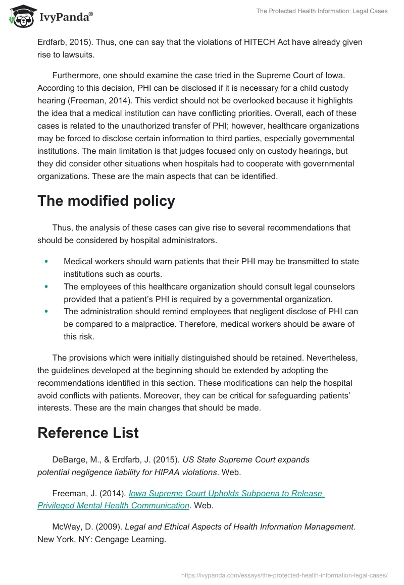The Protected Health Information: Legal Cases. Page 2