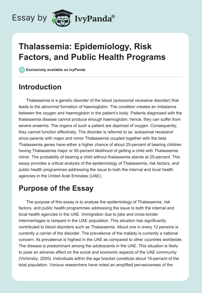 Thalassemia: Epidemiology, Risk Factors, and Public Health Programs. Page 1