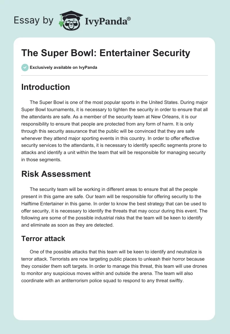 The Super Bowl: Entertainer Security. Page 1