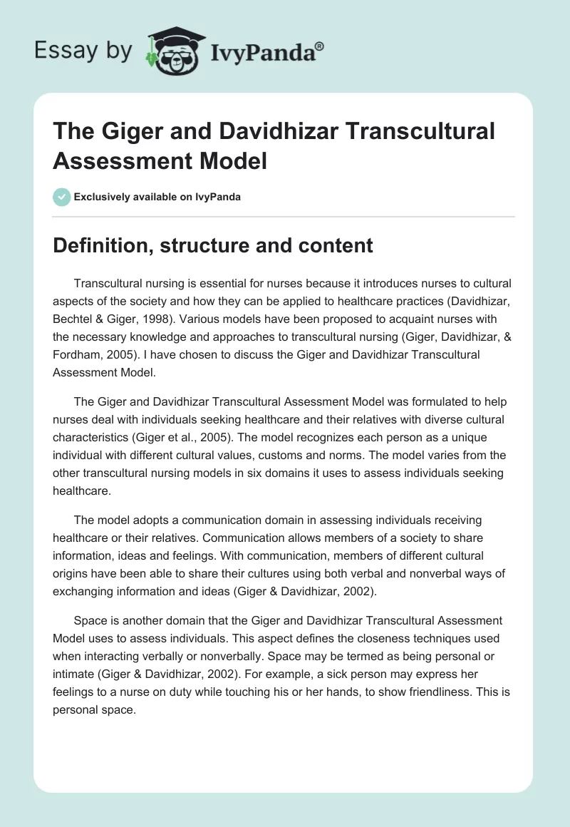 The Giger and Davidhizar Transcultural Assessment Model. Page 1