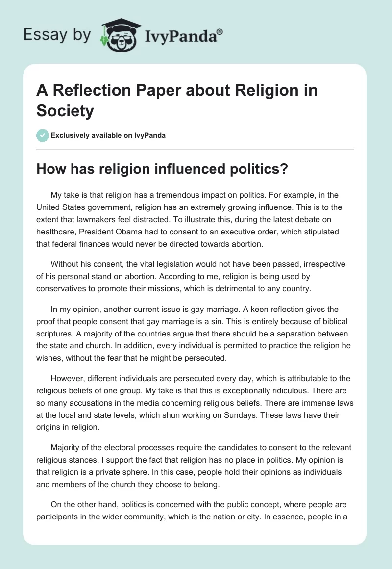 A Reflection Paper about Religion in Society. Page 1