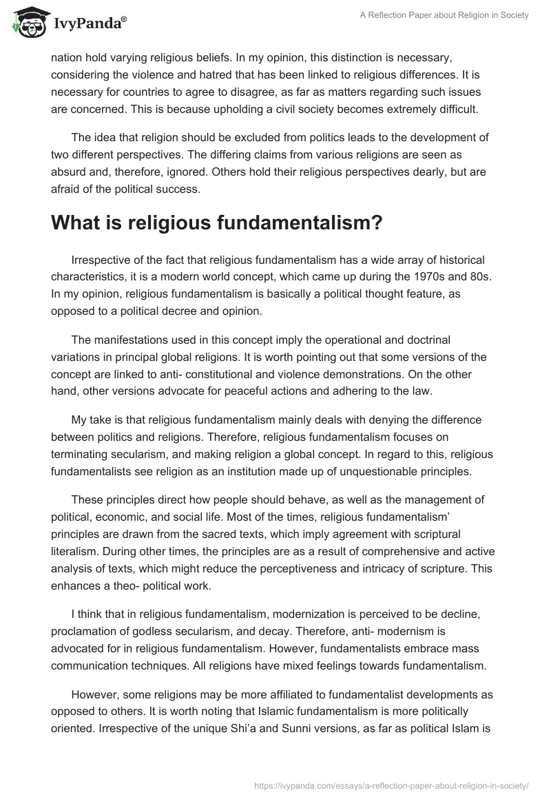 A Reflection Paper about Religion in Society. Page 2