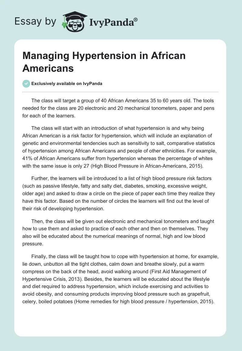 Managing Hypertension in African Americans. Page 1