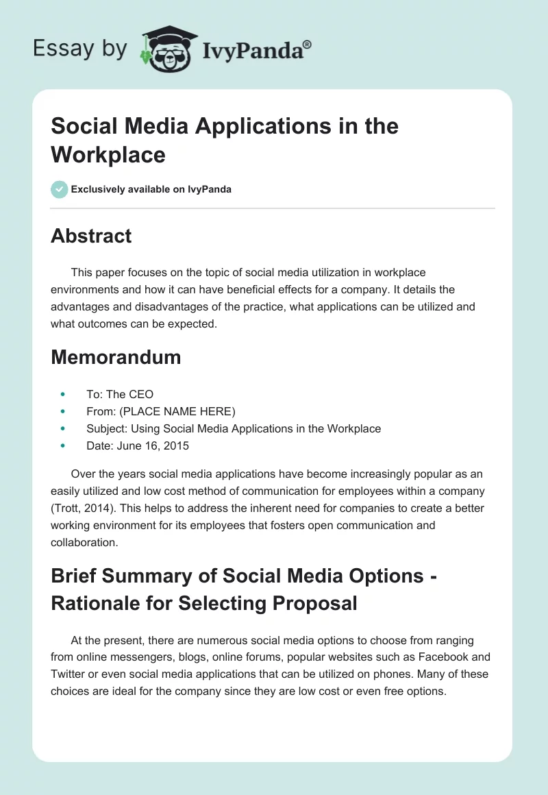 Social Media Applications in the Workplace. Page 1