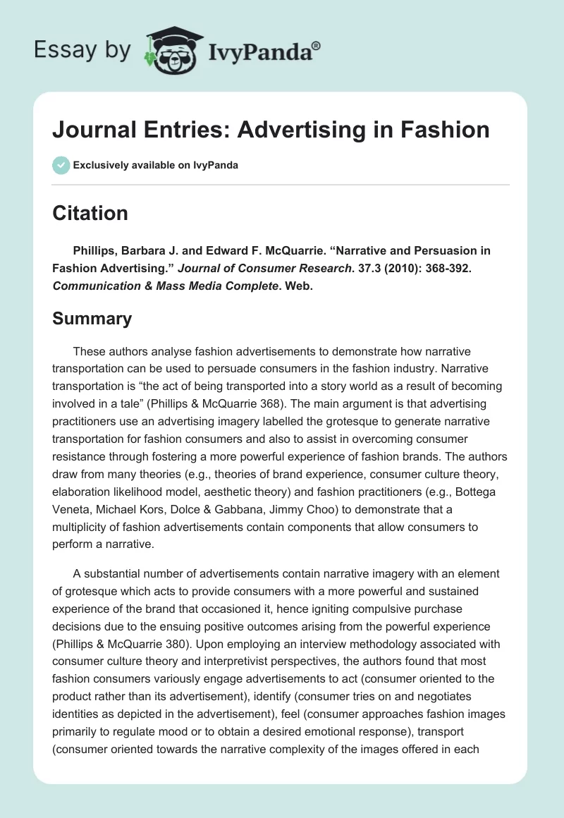 Journal Entries: Advertising in Fashion. Page 1