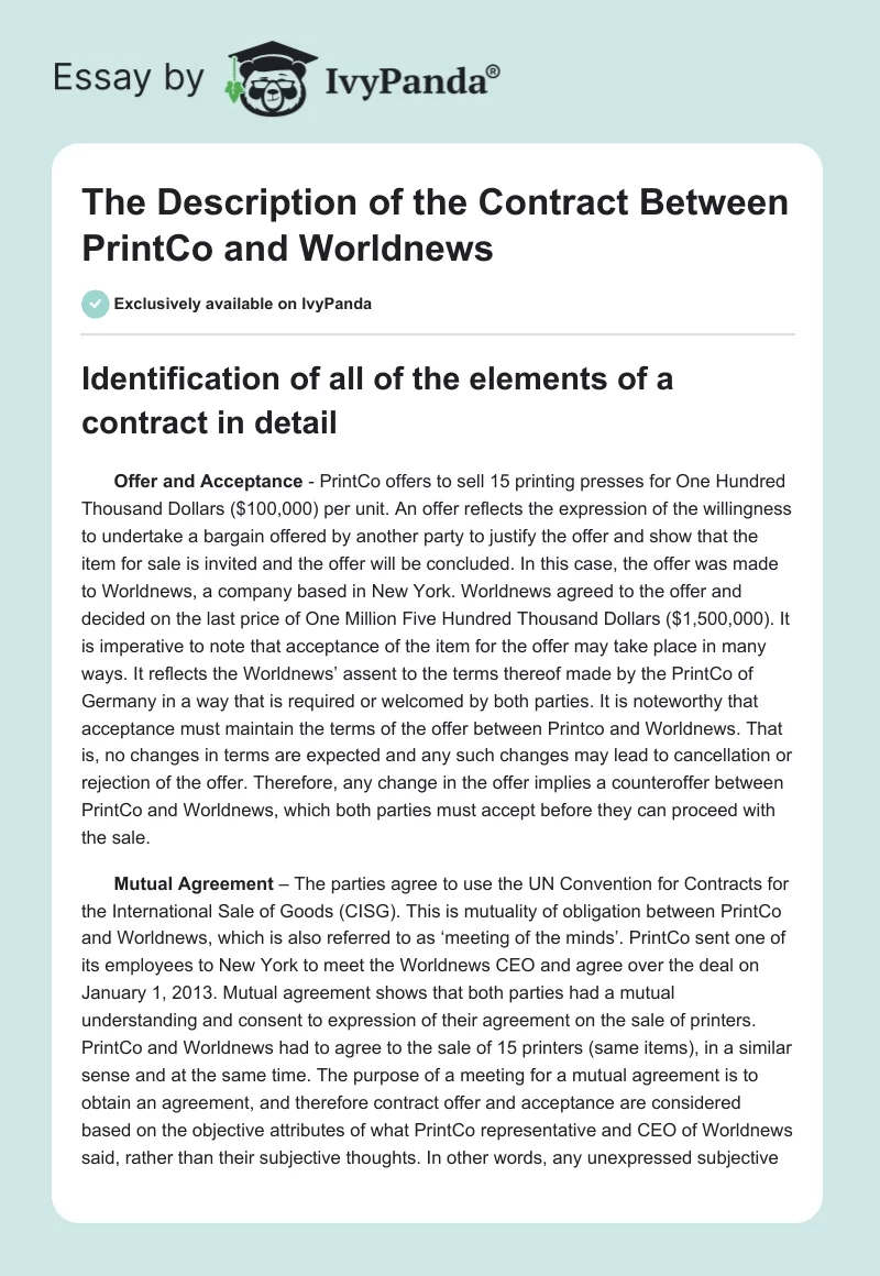 The Description of the Contract Between PrintCo and Worldnews. Page 1