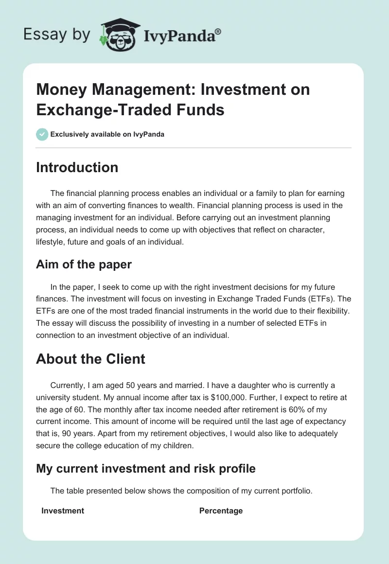 Money Management: Investment on Exchange-Traded Funds. Page 1