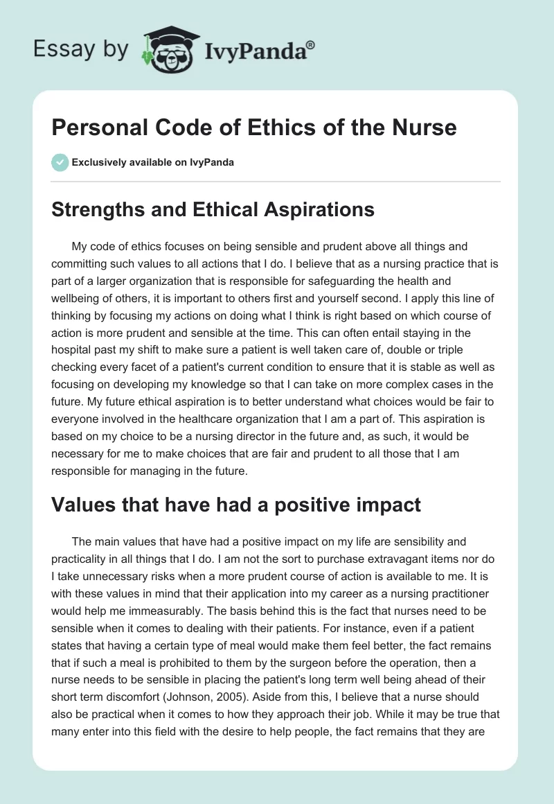 Personal Code of Ethics of the Nurse. Page 1