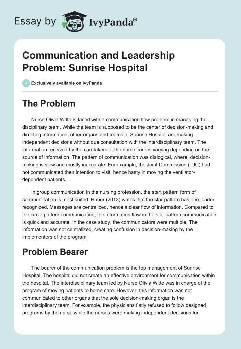 Communication and Leadership Problem: Sunrise Hospital. Page 1