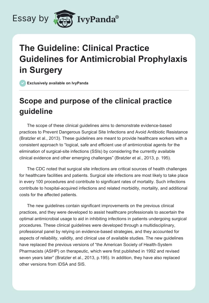 The Guideline: Clinical Practice Guidelines for Antimicrobial Prophylaxis in Surgery. Page 1