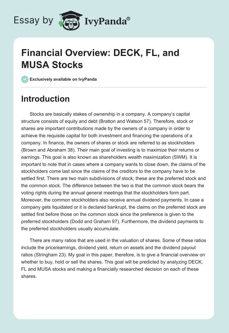 Financial Overview: DECK, FL, and MUSA Stocks. Page 1