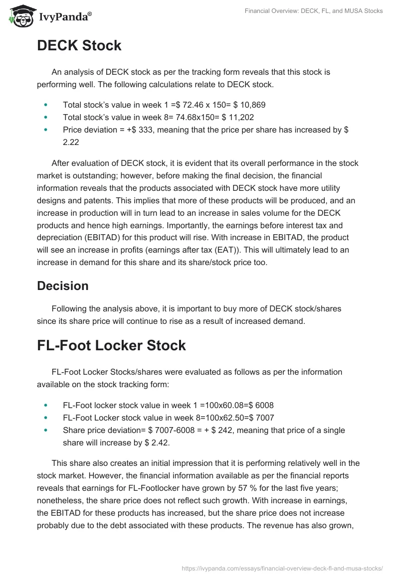 Financial Overview: DECK, FL, and MUSA Stocks. Page 2
