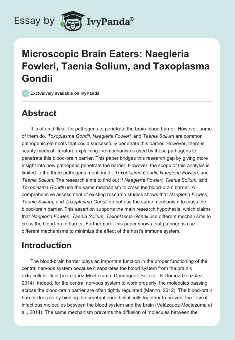 Microscopic Brain Eaters: Naegleria Fowleri, Taenia Solium, and Taxoplasma Gondii. Page 1
