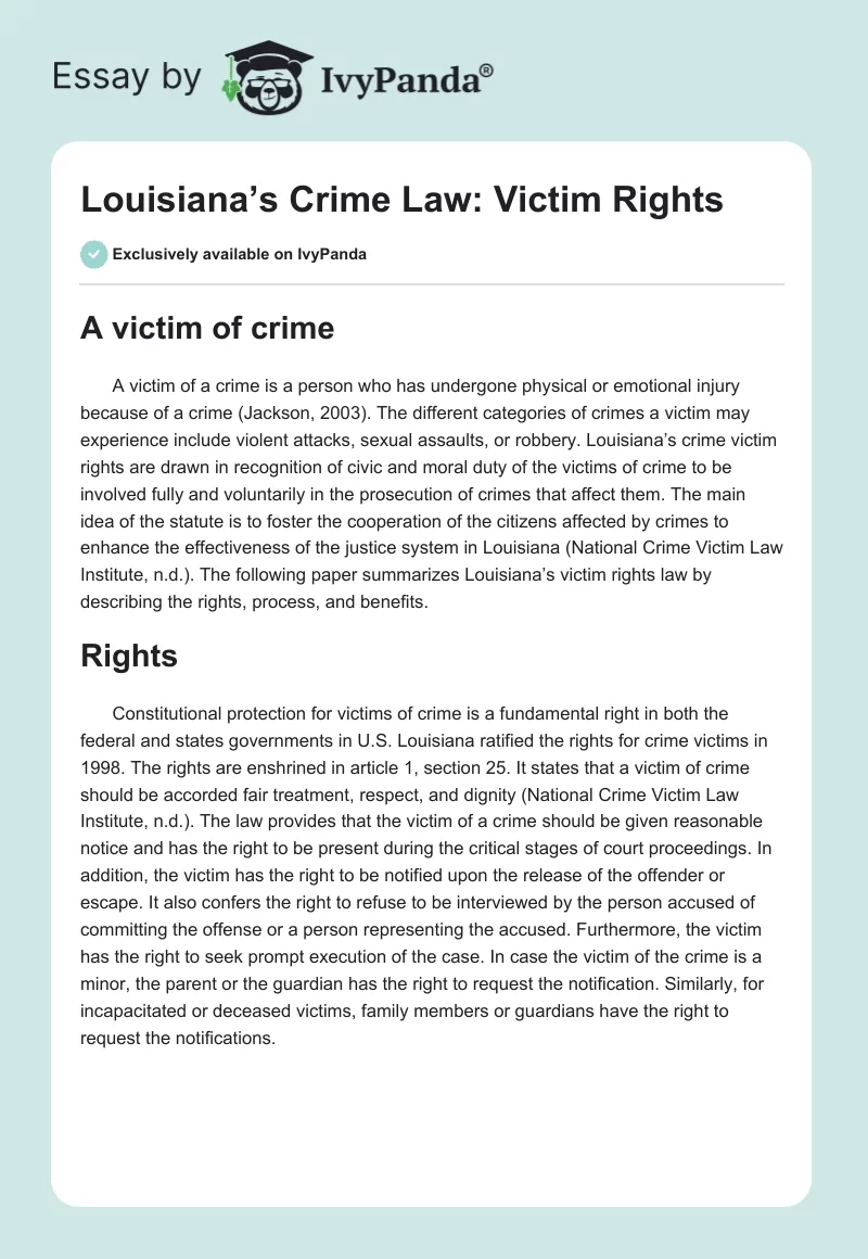 Louisiana’s Crime Law: Victim Rights. Page 1
