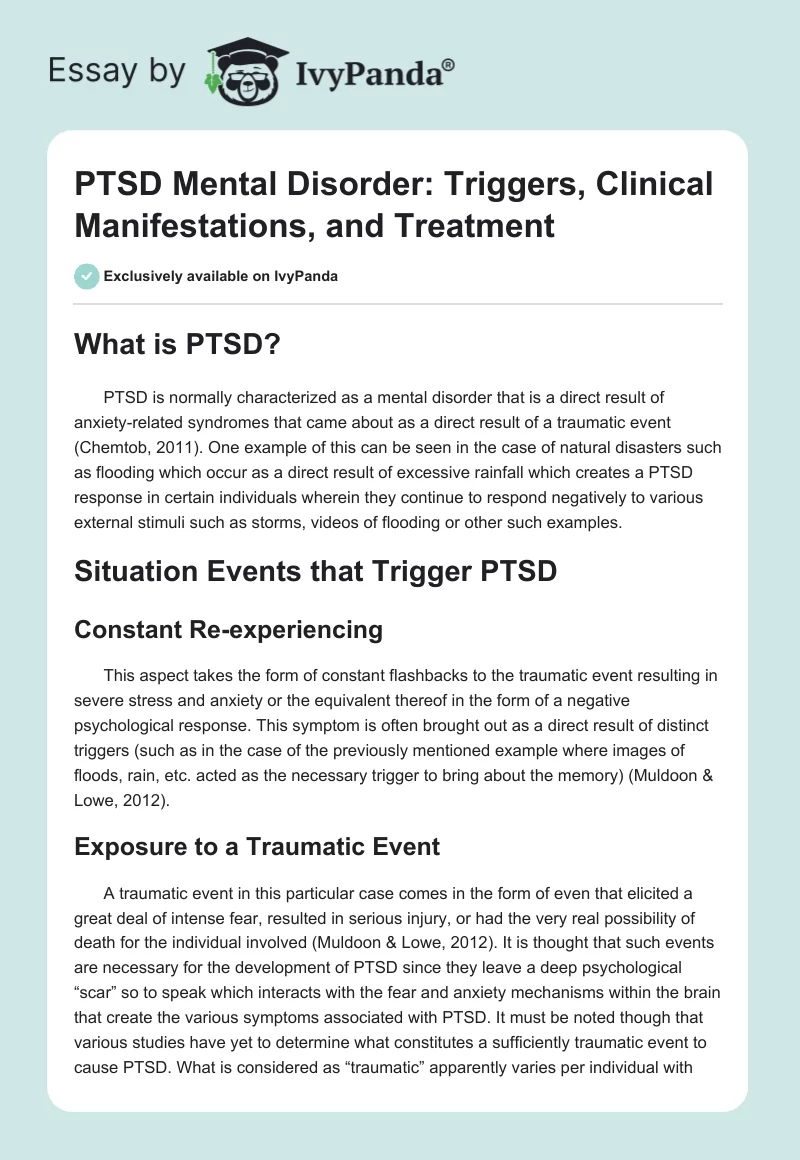 PTSD Mental Disorder: Triggers, Clinical Manifestations, and Treatment. Page 1