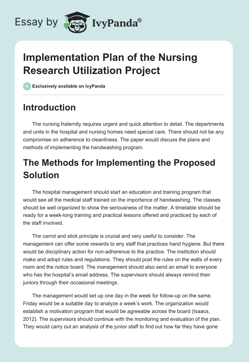 Implementation Plan of the Nursing Research Utilization Project. Page 1