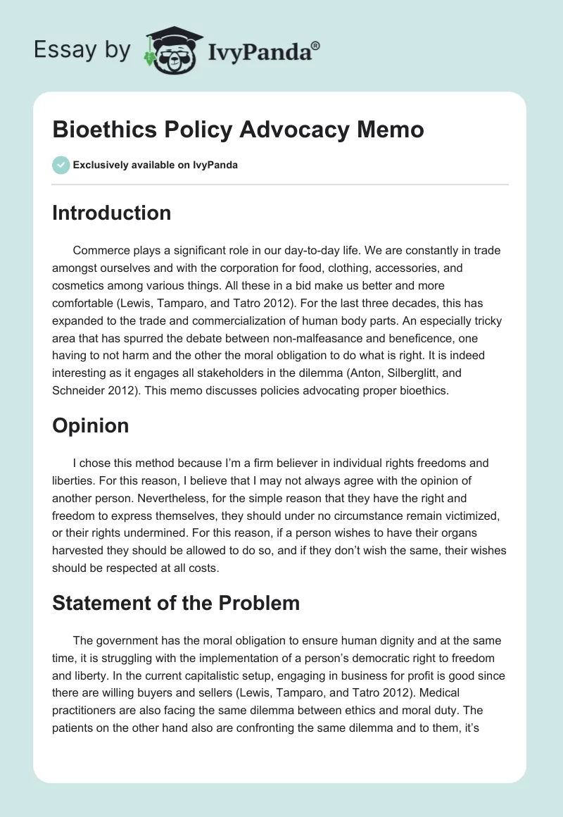 Bioethics Policy Advocacy Memo. Page 1