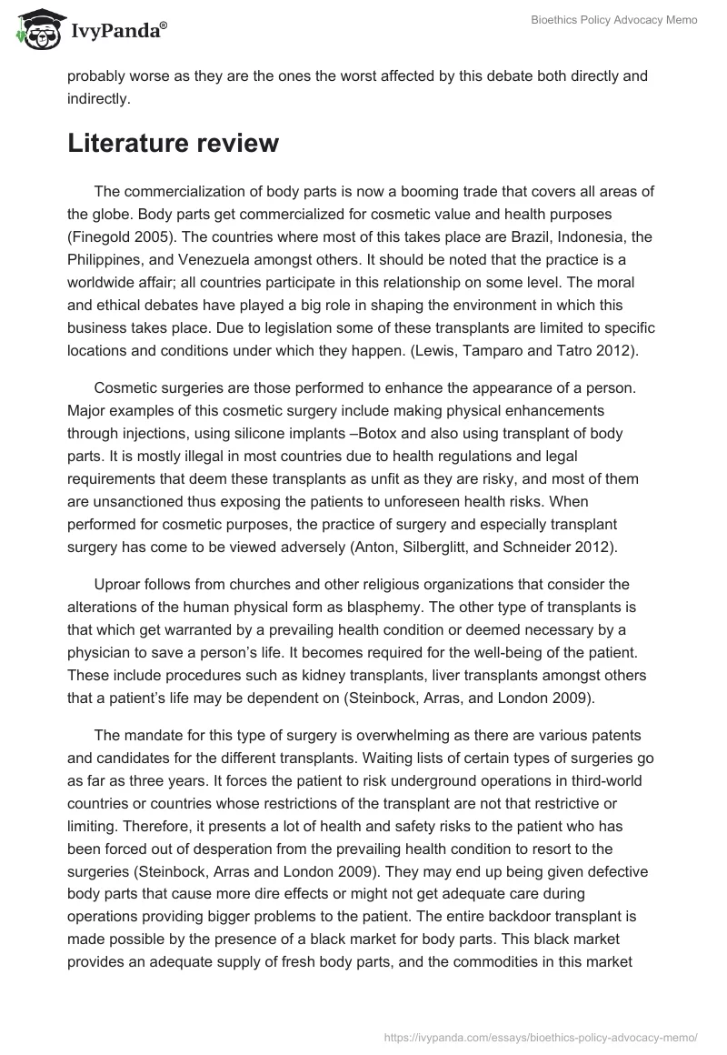 Bioethics Policy Advocacy Memo. Page 2