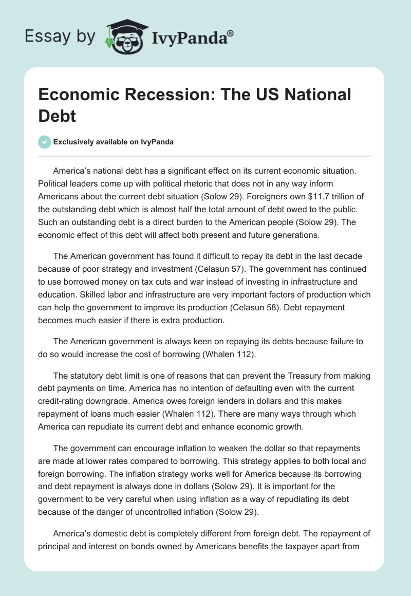 Economic Recession: The US National Debt. Page 1
