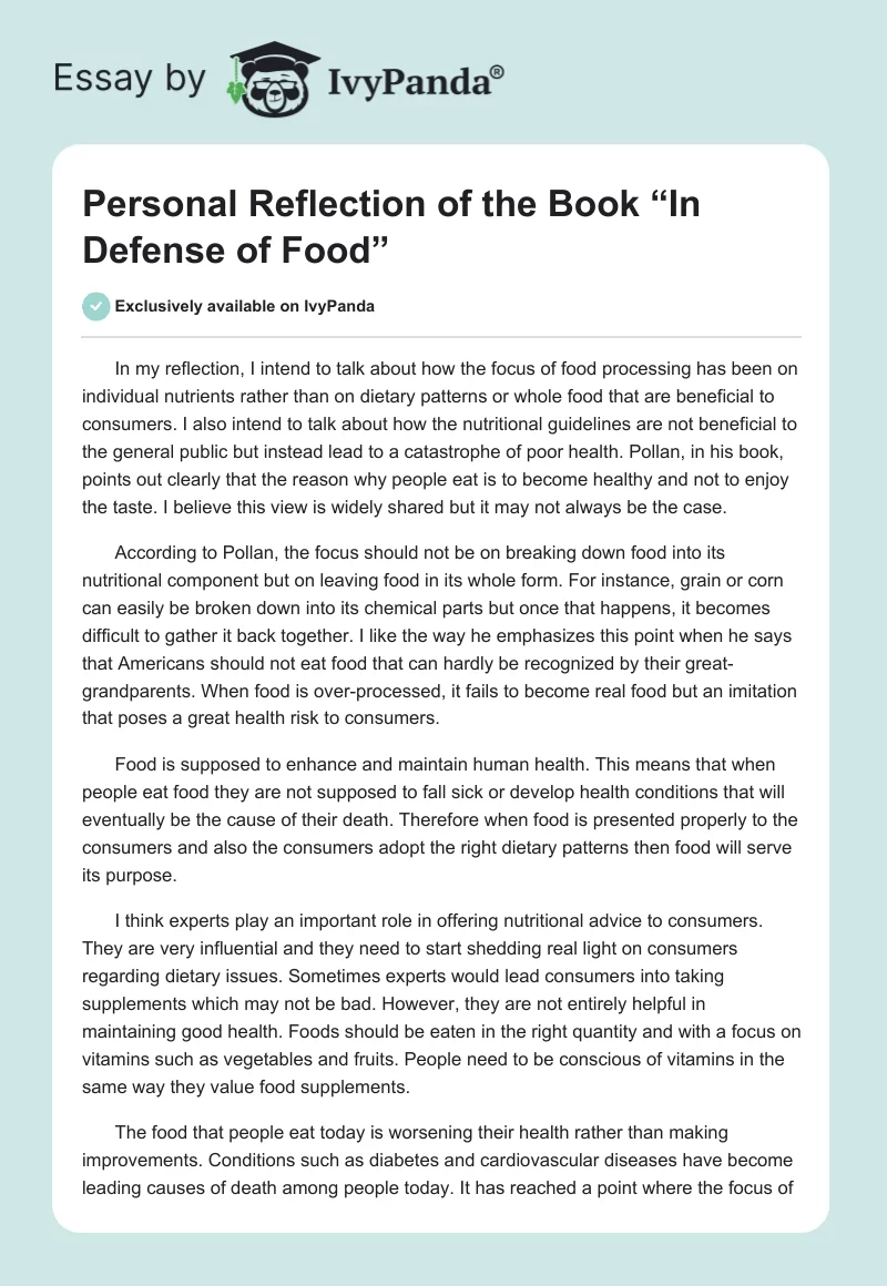 Personal Reflection of the Book “In Defense of Food”. Page 1