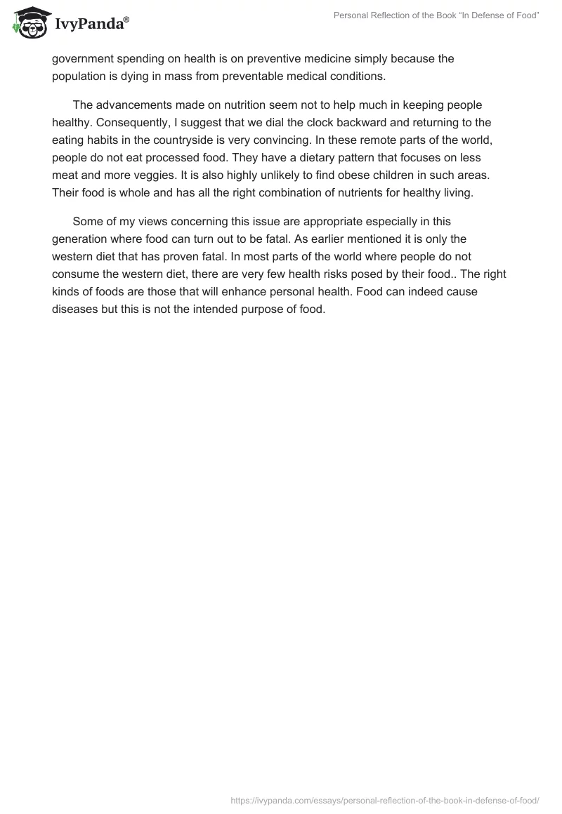 Personal Reflection of the Book “In Defense of Food”. Page 2