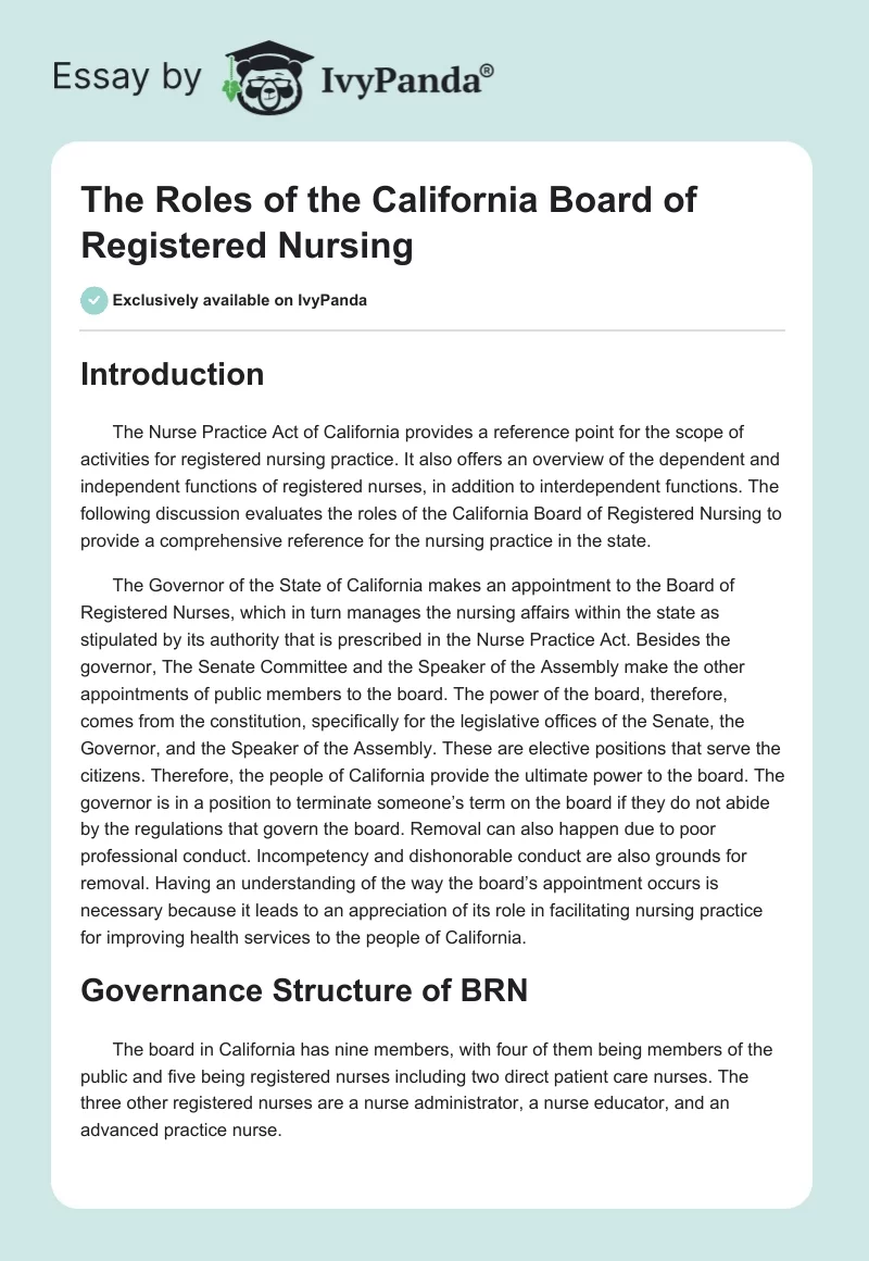 The Roles of the California Board of Registered Nursing. Page 1