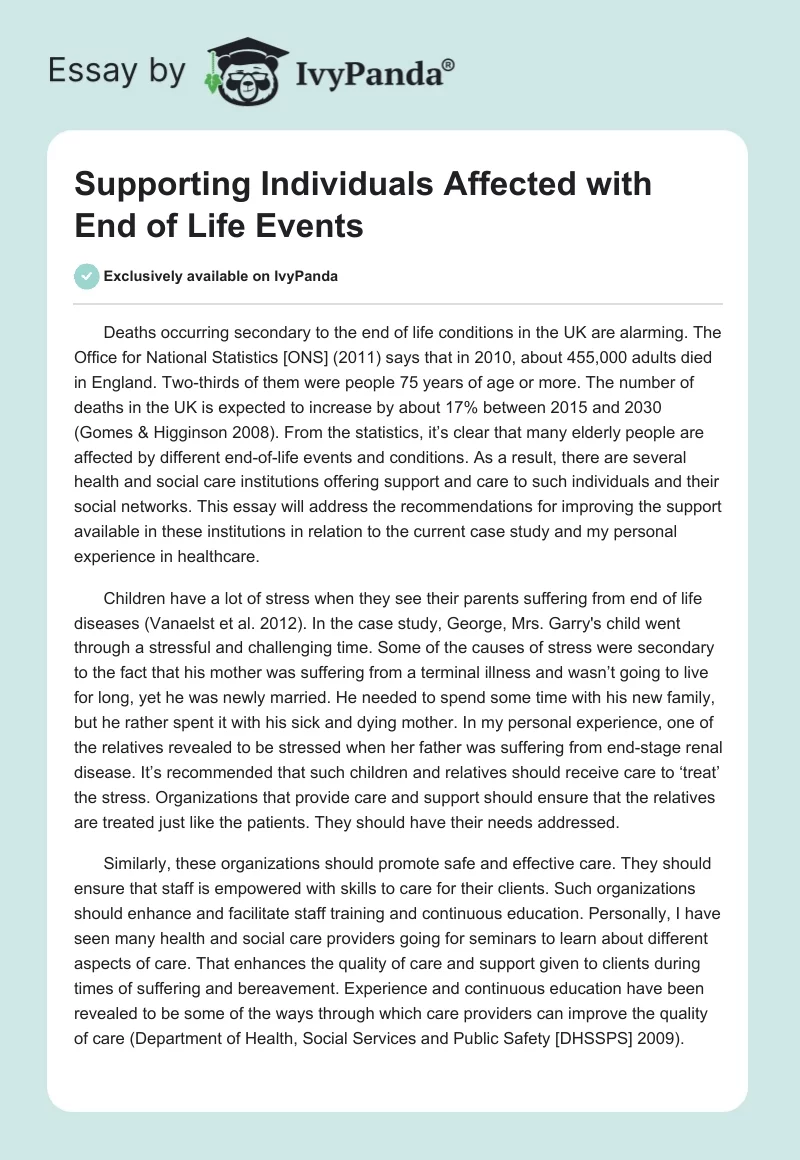 Supporting Individuals Affected with End of Life Events. Page 1