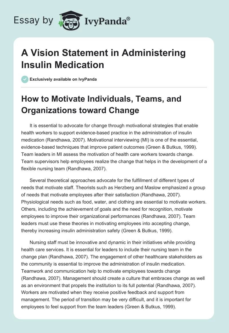 A Vision Statement in Administering Insulin Medication. Page 1